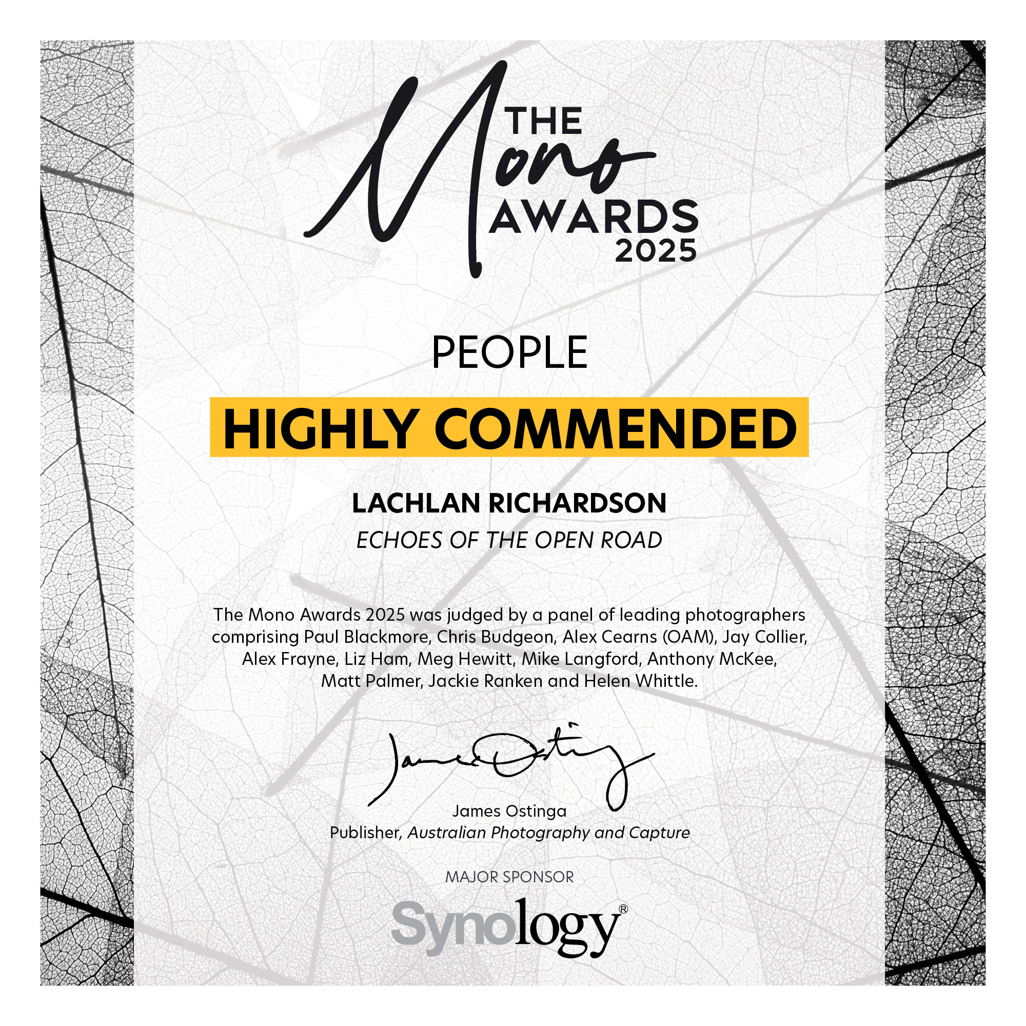 Mono Awards 2025 certificate — Highly Commended (People)
